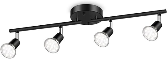 Ascher 4-Light LED Track Lighting Kit, Flexibly Rotatable Light Heads, 4 Way Ceiling Spotlight Black Finish, Including 4 GU10 LED Bulbs (4W 400LM Daylight White 5000K)