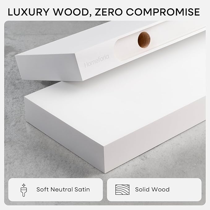 Homeforia White Floating Shelves 30 inch, High End Solid Real Wood 30inch Floating Shelf for Wall Mounted, White Wooden 30in Long Floating Shelves, Heavy Duty Bracket, 30 X 6.5 X 1.75 inches, Set of 3