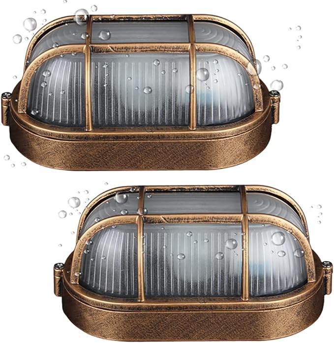 2-Pack Outdoor Oval Wall Lights, 8.3"Nautical Bulkhead Sconce, Flush Mount for Wall or Ceiling, Aluminum with Frosted Glass, Vandal Resistant Security Light E26 Base, Waterproof Garage, Terrace, Sauna