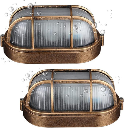 2-Pack Outdoor Oval Wall Lights, 8.3"Nautical Bulkhead Sconce, Flush Mount for Wall or Ceiling, Aluminum with Frosted Glass, Vandal Resistant Security Light E26 Base, Waterproof Garage, Terrace, Sauna