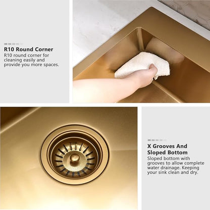 33 Inch Gold Drop In Kitchen Sink with Faucet Combo-VASOYO 33x22 Inch Gold Kitchen Sink with Faucet Combo Set Stainless Steel Deep Single Bowl Topmount Sinks and Faucets