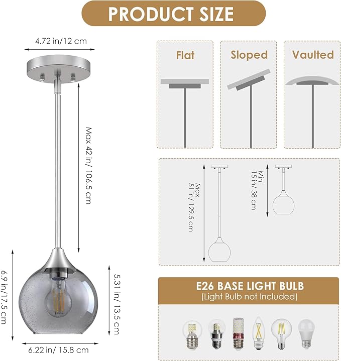 Pendant Lights Kitchen Island 2 Pack, Grey Seeded Glass Pendant Light Fixtures & Adjustable Rods, Brushed Nickel Kitchen Island Lighting, Modern Island Lights for Kitchen Dining Room E26 Base