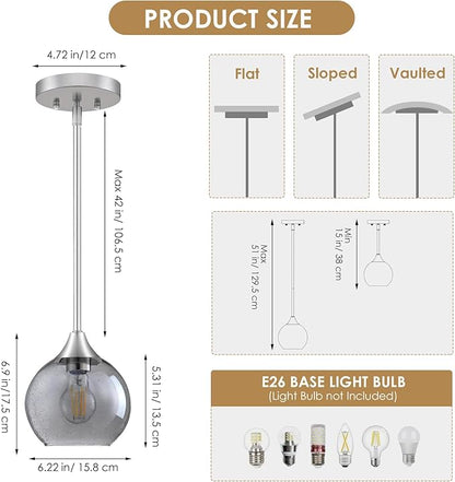Pendant Lights Kitchen Island 2 Pack, Grey Seeded Glass Pendant Light Fixtures & Adjustable Rods, Brushed Nickel Kitchen Island Lighting, Modern Island Lights for Kitchen Dining Room E26 Base