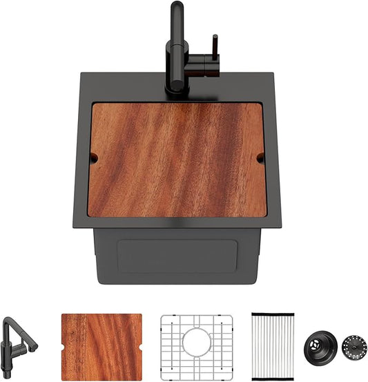 15 Inch Outdoor Kitchen Sink with Faucet- Beslend Gunmetal Black 15x15 Drop In Outdoor Bar Sink, 16 Gauge Stainless Steel Kitchen Sinks Workstation Single Bowl Above Counter Indoor Outdoor