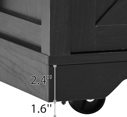YOPTO Farmhouse Kitchen Island Cart With Power Outlet & 2 Sliding Barn Doors, Rolling Storage Island W/Drop Leaf Spice Rack and 5 Universal Wheels, for Home and Dining Room, Black, 53.7"