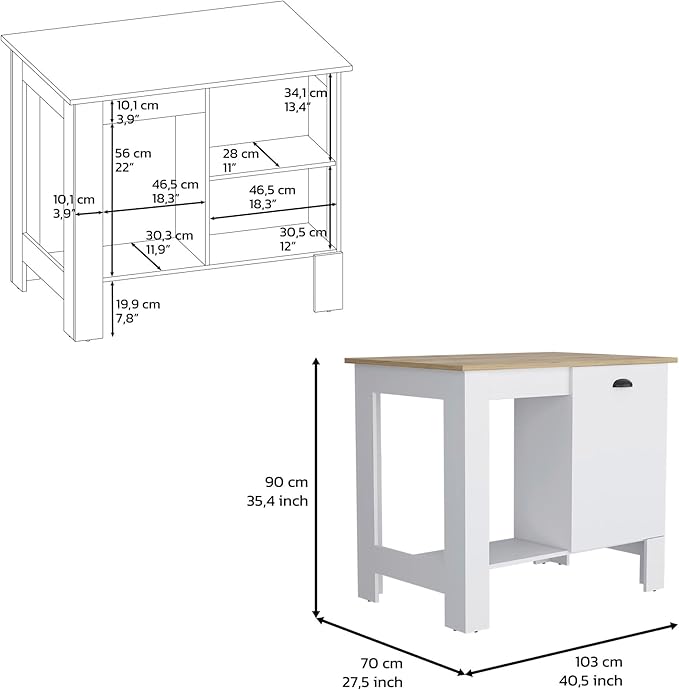 Kitchen Island 35" H with 1 Door Storage Cabinet 2 Internal Shelves and 1 Open Shelf Multi-Use Kitchen Table for Storage Practical