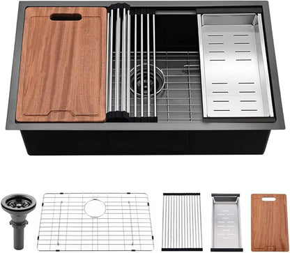 32 Inch Black Undermount Kitchen Sink Workstation-Boakiya Black Stainless Steel Undermount Workstation 16 Gauge 10 Inch Deep Single Bowl Kitchen Sink with Cutting Board