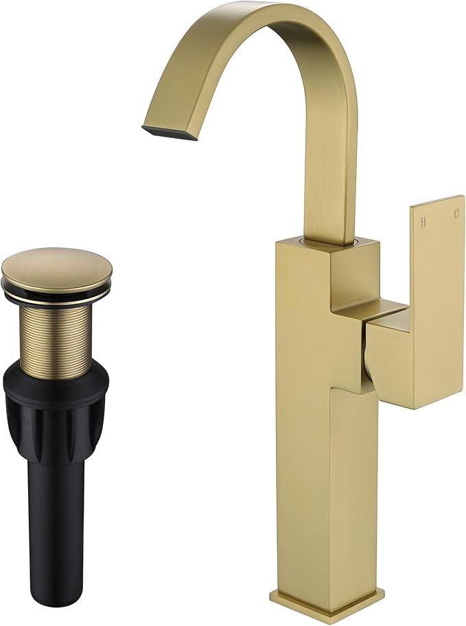 Brushed Gold Vessel Sink Faucet, Single Handle Tall Bathroom Faucet,Waterfall Bathroom Faucet Single Hole Lavatory Vanity Tap Single Hole Bar Sink Faucet with Pop Up Drain and Supply Lines,SL50044BG