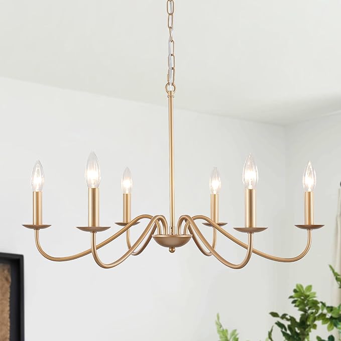6-Light Gold Chandelier, 27.5'' Modern Farmhouse Dining Room Light Fixture Over Table, Rustic Vintage Candle Chandeliers Gold Hanging Lighting Fixtures for Foyer Entryway Living Room Bedroom Kitchen