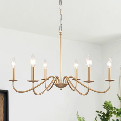 6-Light Gold Chandelier, 27.5'' Modern Farmhouse Dining Room Light Fixture Over Table, Rustic Vintage Candle Chandeliers Gold Hanging Lighting Fixtures for Foyer Entryway Living Room Bedroom Kitchen