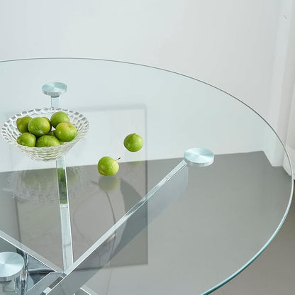 Modern Dining Table for 4-6 People, 47" Round Dining Table with Silver Chrome Metal X-Base, Circle Tempered Glass Dining Room Table, Small Kitchen Dining Room Tables Dinner Tables