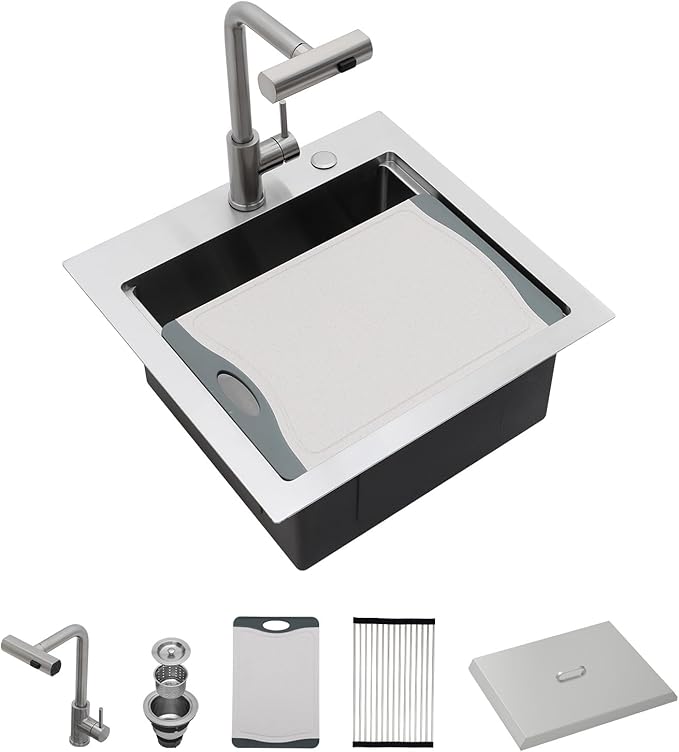 Sarlai Outdoor Sink - 21 x 20 Inch Drop In Workstation Kitchen Sink with Dust Lid and Faucet 16 Gauge Stainless Steel Single Bowl Bar Basin with Cutting Board BBQ Basin Outside