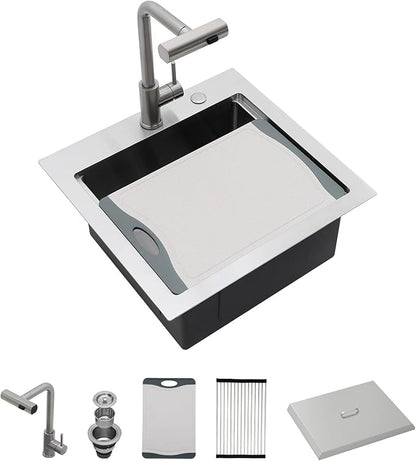 Sarlai Outdoor Sink - 21 x 20 Inch Drop In Workstation Kitchen Sink with Dust Lid and Faucet 16 Gauge Stainless Steel Single Bowl Bar Basin with Cutting Board BBQ Basin Outside