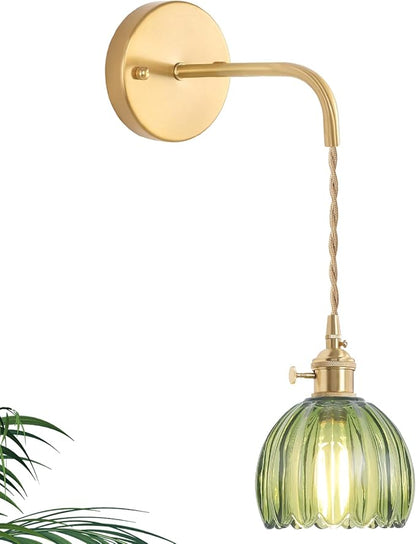 Shenmoyl Vintage Wall Sconce Wall Lamp Green Tulip Shade Pattern Glass Adjustable Chain Retro Gold Wall Mounted Light, Wall Lamp Fixtures Decor for Bedside Bedroom Indoor Doorway