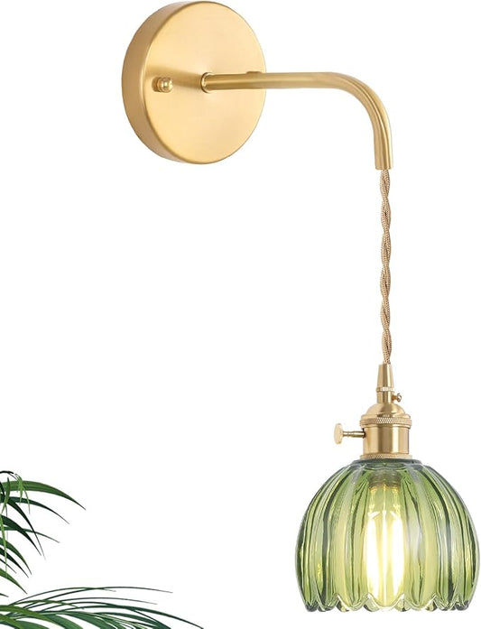 Shenmoyl Vintage Wall Sconce Wall Lamp Green Tulip Shade Pattern Glass Adjustable Chain Retro Gold Wall Mounted Light, Wall Lamp Fixtures Decor for Bedside Bedroom Indoor Doorway
