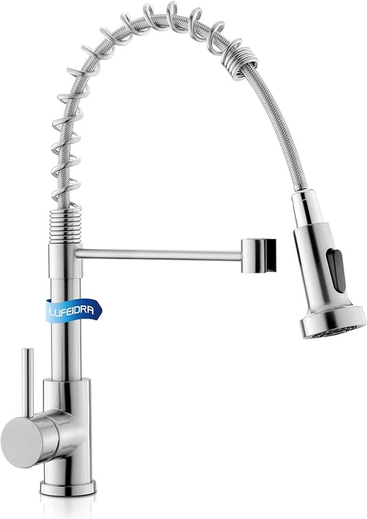 LUFEIDRA Kitchen Faucet with Pull Down Sprayer - Brushed Nickel High Arc Single Handle One Hole Stainless Steel Kitchen Sink Faucets for Farmhouse Camper Laundry Rv Bar Sink, Grifos De Cocina