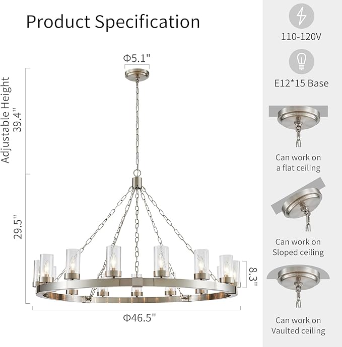 WUZUPS 15-Light Wagon Wheel Chandelier Large Rustic Farmhouse Industrial Round Pendant Light Fixture with Clear Seeded Glass Shades for Dining Room Kitchen Island, H 29.5" x W 46.5", Brushed Nickel