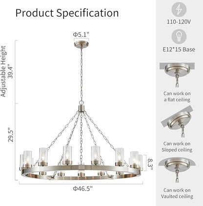 WUZUPS 15-Light Wagon Wheel Chandelier Large Rustic Farmhouse Industrial Round Pendant Light Fixture with Clear Seeded Glass Shades for Dining Room Kitchen Island, H 29.5" x W 46.5", Brushed Nickel
