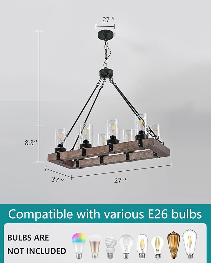 8-Light Wooden Island Pendant with Clear Glass Shades Rustic Linear Pendant Light Ideal for Kitchens, Dining Rooms, and Bars
