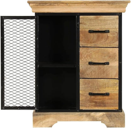 Solid Mango Wood Sideboard Cabinet, Brown and Black Industrial Finish, 23.6" Living Room Buffet with Storage, Polished Lacquered Surface Kitchen Furniture