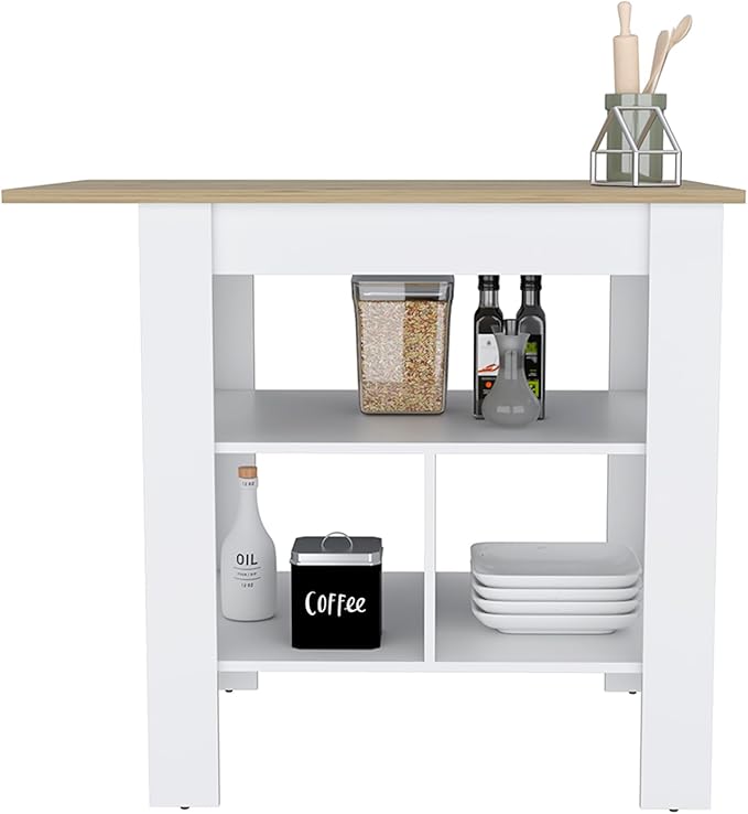 Kitchen Island, Kitchen Table 35" H, 3 Open Shelves, White/Macadamia
