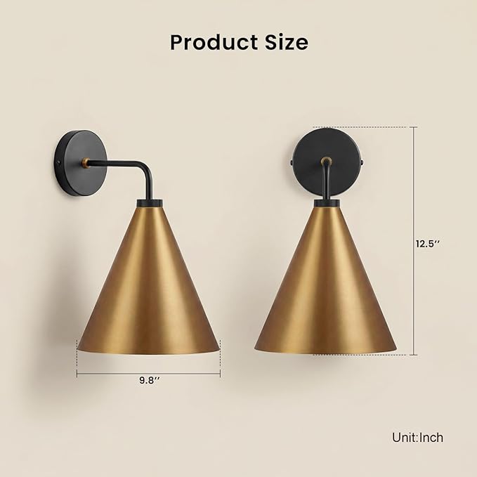 Vintage Modern Metal Conical Wall Sconce - Retro Gold Wall Lamp, Decorative Inspired Cone Black Wall Mount Lighting Fixture for Bedroom, Living Room, Hallway(9.8“L x 9.8" W x 12.5" H Gold)