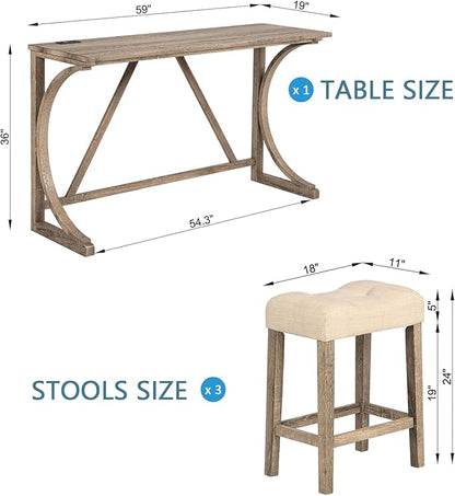 4 Piece Bar Table Set with Power Outlet, Wooden Counter Height Table with 3 Upholstered Stools, Modern Kitchen Dining Table Set for 4, Bar and Dining Room Table Set for Home, Brown