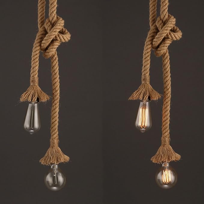 Mengjay Trade E27 Hemp Rope Double Head Vintage Hanging Pendant Ceiling Light Lamp Industrial Retro Country Style Dining Hall Restaurant Bar Cafe Lighting AC 220V (1.5m (75 cm+75 cm))