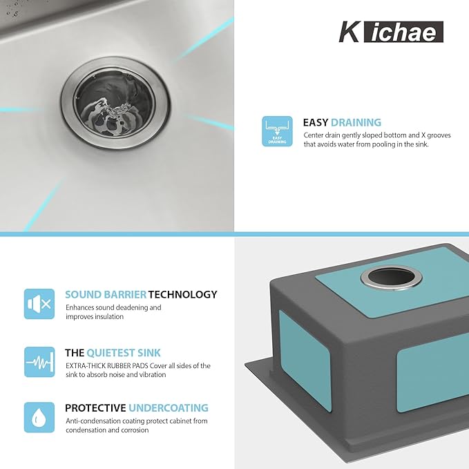 Kichae Drop In Bar Sink- 18 x 18 x 9 Inch Small Overmount Topmount Stainless Steel RV Sink Single Bowl Workstation Wet Bar Prep Kitchen Sinks Patio Handmade Basin with Cutting Board & Rack