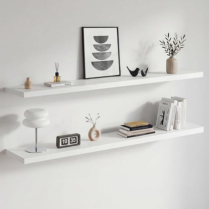 Homeforia Floating White Shelf 60 inches, High End Solid Real Wood 60inch Long Floating Shelves for Wall Mounted, White Wooden 60in Floating Shelves, Heavy Duty Bracket, 60 X 6.5 X 1.75 inch, Set of 2