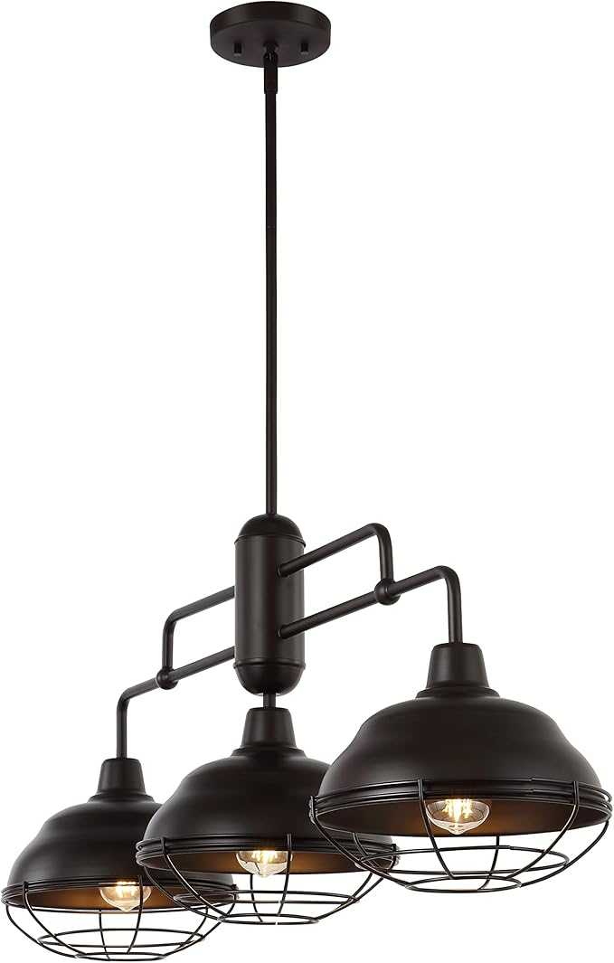 JONATHAN Y 40.5" Oil Rubbed Bronze 3-Light Industrial Farmhouse LED Pendant Light Fixture for Kitchen Island, Dining Room, Adjustable Hanging Ceiling Lamp, Iron Cage Metal Shade (JYL1119A)