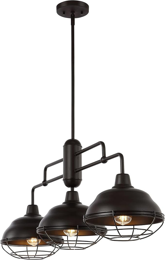 JONATHAN Y 40.5" Oil Rubbed Bronze 3-Light Industrial Farmhouse LED Pendant Light Fixture for Kitchen Island, Dining Room, Adjustable Hanging Ceiling Lamp, Iron Cage Metal Shade (JYL1119A)