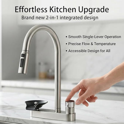 2-in-1 Kitchen Faucet with Pull Down Sprayer, 3 Spray Modes & Built-in Glass Rinser, Lead-Free Brass Single Handle, Brushed Nickel, Fits 1 or 3 Hole Sink, Suitable for Farmhouse Rv Bar