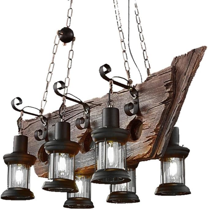 A Million Industrial Wooden Pendant Light, Vintage Retro Hanging Chandelier 6 E26 Bulb Sockets for Farmhouse Kitchen Island Bar Retro Ceiling Light Height Adjustable Fixture