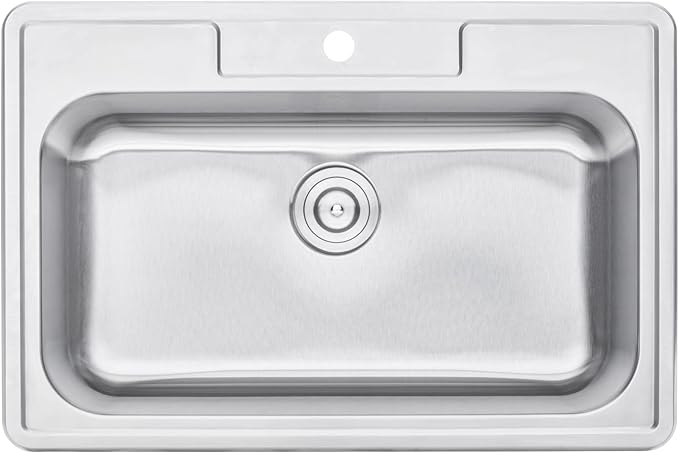 33 x 22 x 9 Inch Top-mount/Drop-in Stainless Steel Single Bowl Kitchen Sink with Strainer and Dishrack - 18 Gauge Stainless Steel-1 Faucet Hole