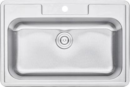 33 x 22 x 9 Inch Top-mount/Drop-in Stainless Steel Single Bowl Kitchen Sink with Strainer and Dishrack - 18 Gauge Stainless Steel-1 Faucet Hole