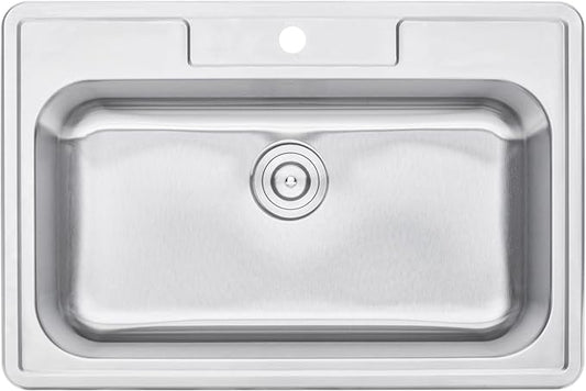 33 x 22 x 9 Inch Top-mount/Drop-in Stainless Steel Single Bowl Kitchen Sink with Strainer and Dishrack - 18 Gauge Stainless Steel-1 Faucet Hole