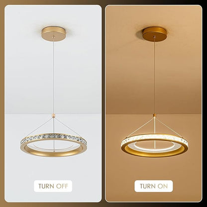 CHYING 3 Pack Modern Gold LED Crystal Pendant Light, 11.8" 24W 3500K Warm White Hanging Pendant Light Kitchen Island, Ring Ceiling Lights for Bedroom Dining Room Hallway