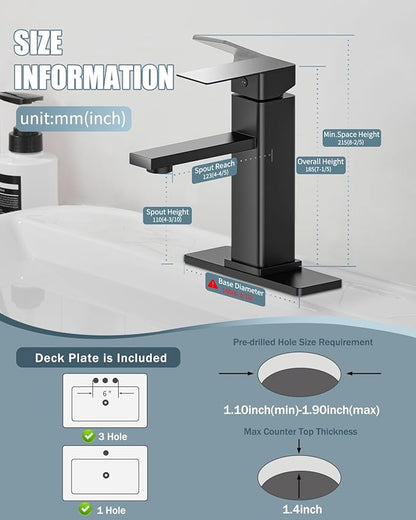Bathroom Faucet Set with Pop Up Drain, Single Handle Black Bathroom Sink Faucet with Deck Plate, Farmhouse RV Vanity Faucets for Sink (1 Hole or 3 Holes)