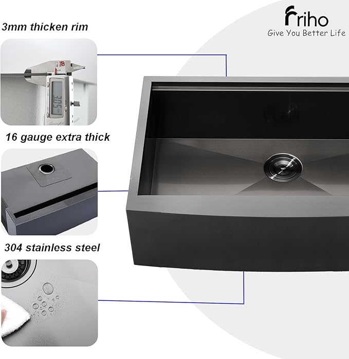 Friho Black Farmhouse Sink, 33 Inch Farmhouse Kitchen Sink Workstation 16 Gauge Stainless Steel 9 Inch Deep Single Bowl Farm Sink with Accessories