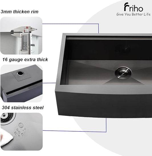 Friho Black Farmhouse Sink, 33 Inch Farmhouse Kitchen Sink Workstation 16 Gauge Stainless Steel 9 Inch Deep Single Bowl Farm Sink with Accessories