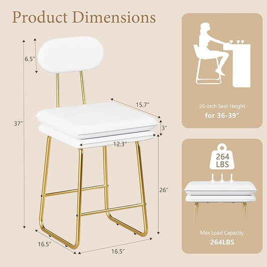 VECELO Bar Stools Set of 4, Counter Height Barstools with Removable Backrest, Padded Seat and Metal Legs, PU Leather Upholstered Bar Chairs for Kitchen, Island, White