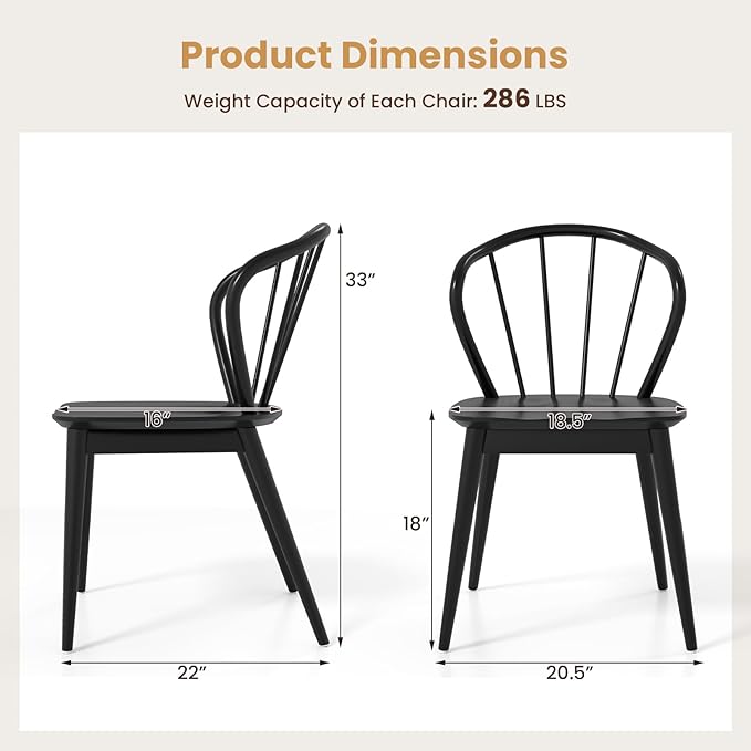 Giantex Wooden Dining Chairs Set of 2, Black Windsor Kitchen Chair w/High Spindle Back & Rubber Wood Legs, Wide Seat & Curved Backrest, Farmhouse Side Chairs, Armless Accent Chair for Home Restaurant