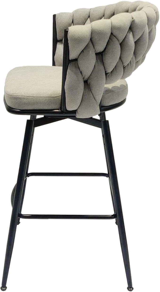 28" Bar Chair Linen Woven Bar Stool Set of 2,Black Legs Bar stools No Adjustable Kitchen Island Chairs,360 Swivel Bar Stools Upholstered Bar Chair Counter Stool Arm Chairs with Back Footrest (Grey)