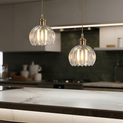 Mini Flower Glass Pendant Light Adjustable Hanging Lamp, Clear Pendant Lights Kitchen Island Dining Room Hallway Bedroom Living Room, LED Bulb Included