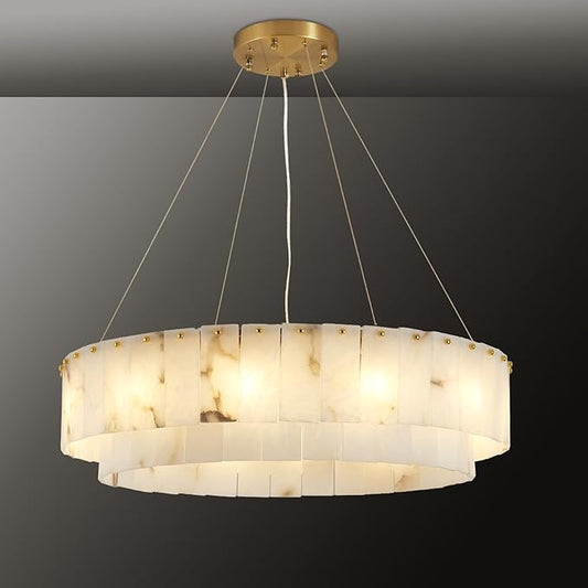Lanhall Spanish Alabaster Chandelier, 2 Tiers Brushed Brass Modern Chandeliers for Dining Room Light Fixture 12-Light Pendant Light Natural Marble Chandelier for Kitchen Bedroom Living Room Foyer