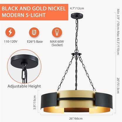 Modern Chandelier 26" Industrial Light Fixture Black and Gold 5-Light Large Drum Pendant Lighting for Dining Room Kitchen Island Office Living Room