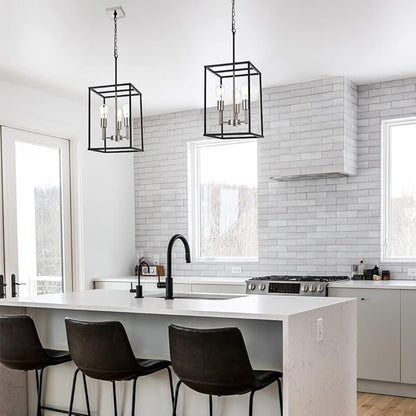 VINLUZ 3 Lights Lantern Kitchen Island Pendant Lighting in Black and Brushed Nickel Finish, Industrial Hanging Lantern Chandelier for Dining Room Living Room Adjustable Height