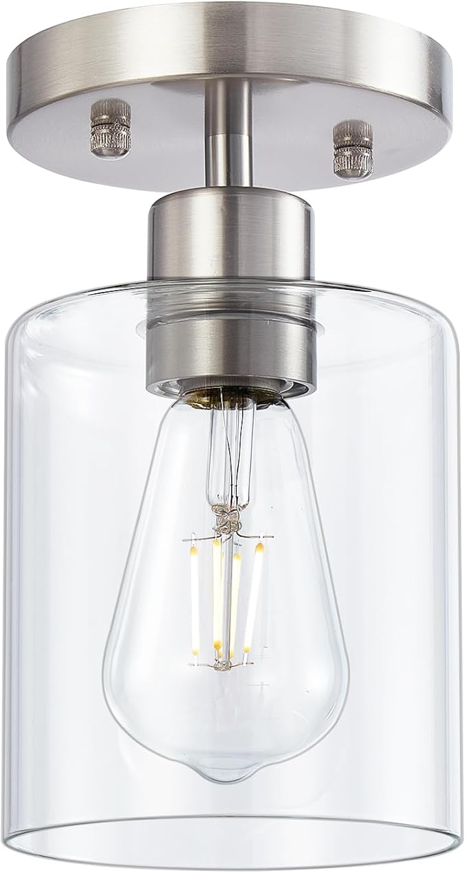 1 Light Semi Flush Mount Ceiling Light, Brushed Nickel Ceiling Light Fixtures, Modern Light Fixtures Ceiling Mount, Ceiling Lights with Glass Shade for Hallway Kitchen Foyer Porch Bedroom-1pack