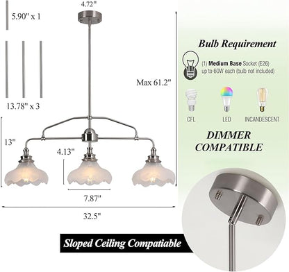 32.5" Modern Kitchen Island Lights with Alabaster Glass Shade, 3-Light Dining Room Lighting Fixtures Hanging, Transitional Multi Pendant Lighting, Brushed Nickel Finish